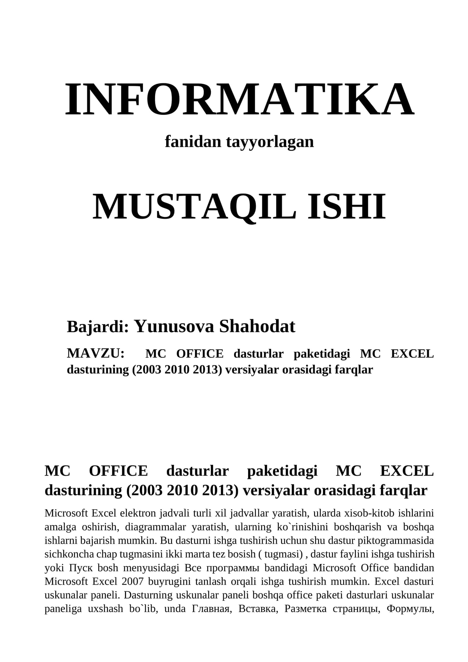 MC OFFICE dasturlar paketidagi MC EXCEL dasturining (2003 2010 2013) versiyalar orasidagi farqlar 1