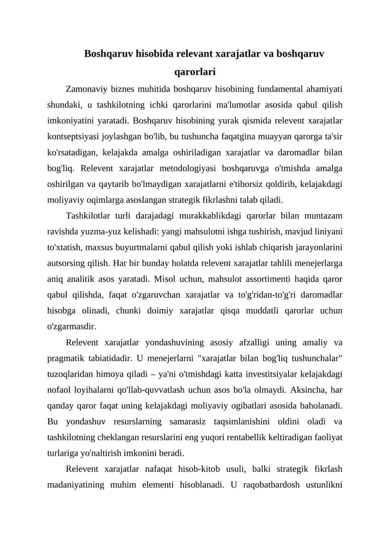 Boshqaruv hisobida relevant xarajatlar va boshqaruv qarorlari 1