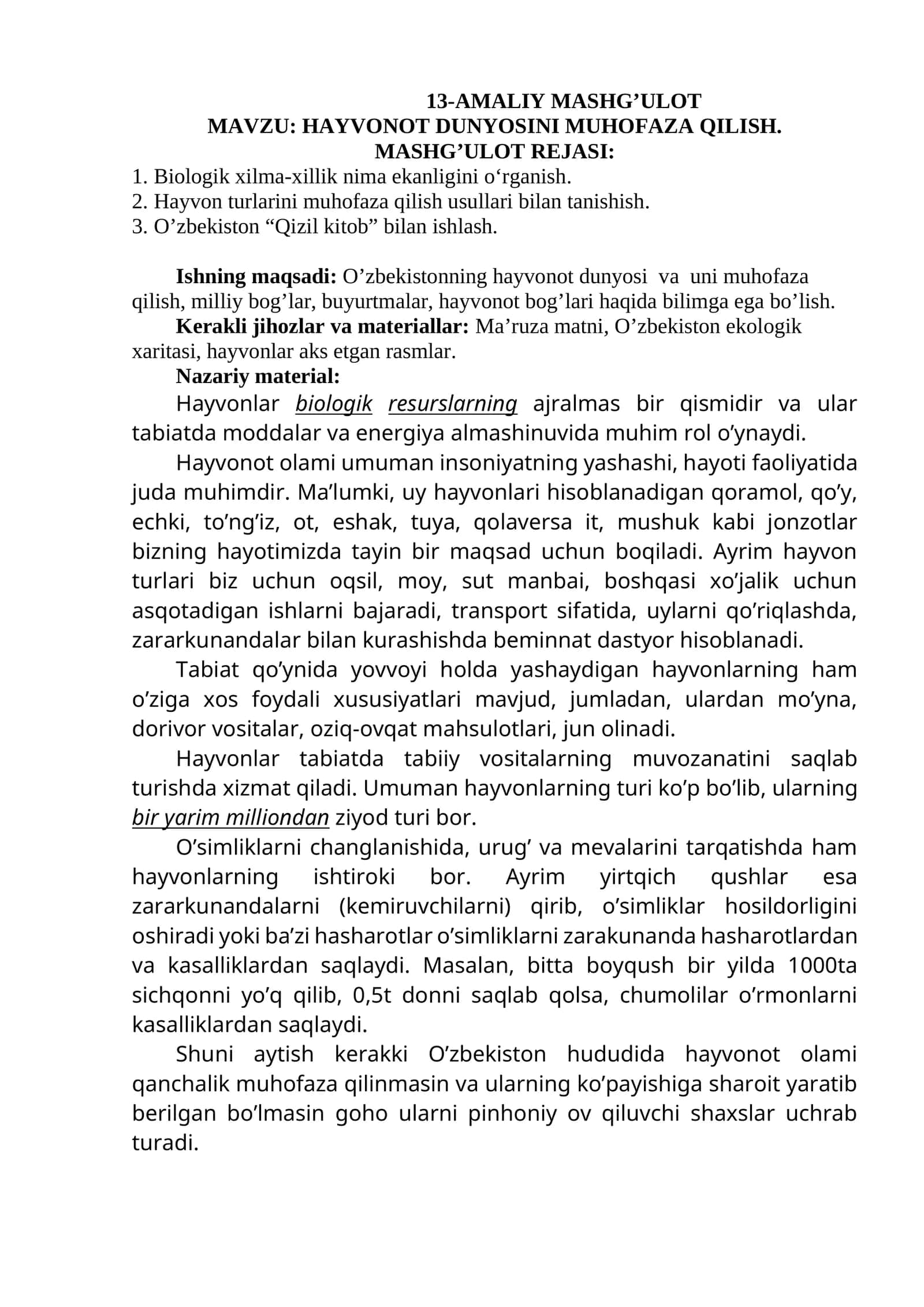 HAYVONOT DUNYOSINI MUHOFAZA QILISH 1