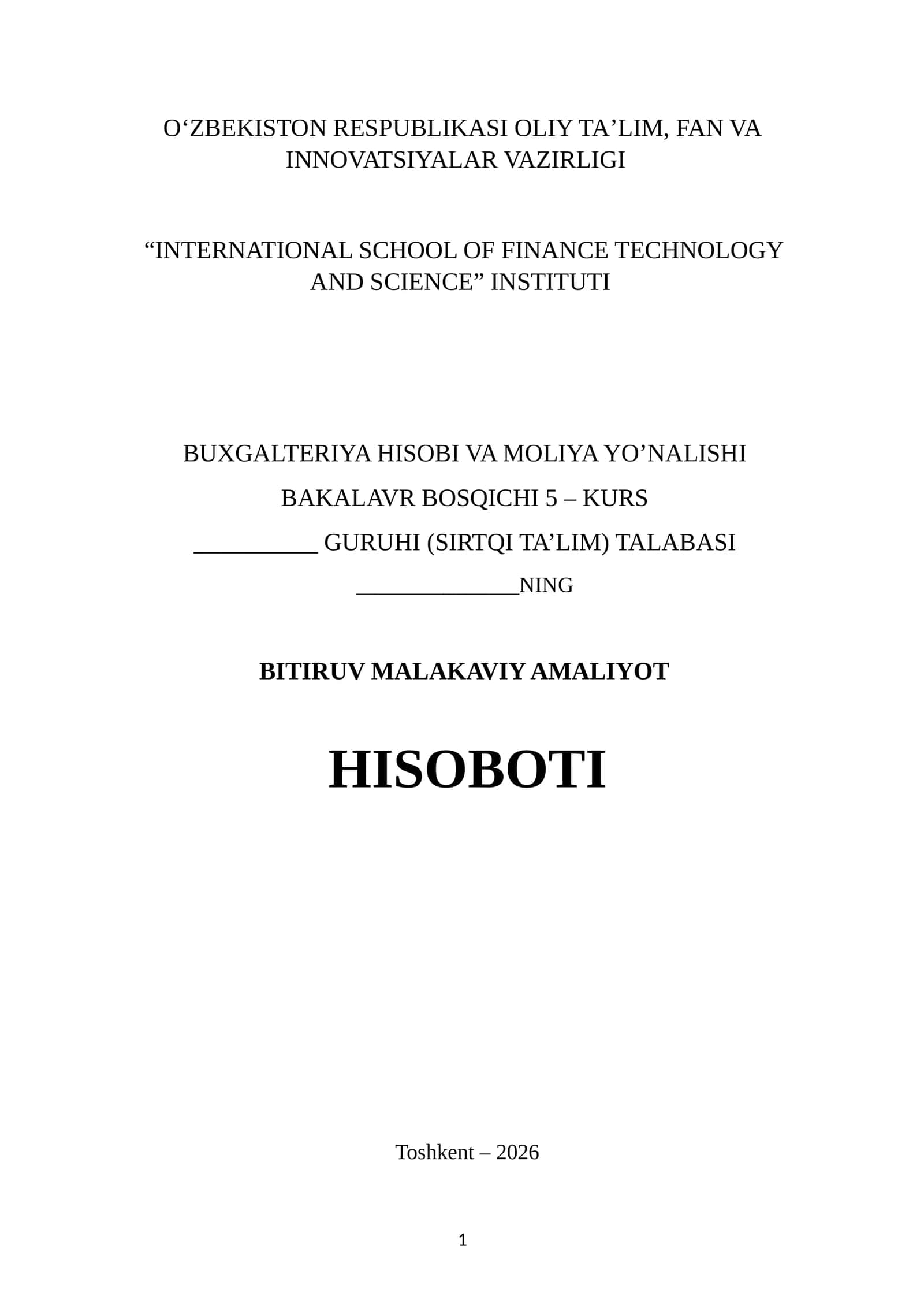 "AVTO SALON"DA Amaliyot oʻtaganlar uchun bitiruv malakaviy amaliyot hisoboti. 6 haftalik. 1