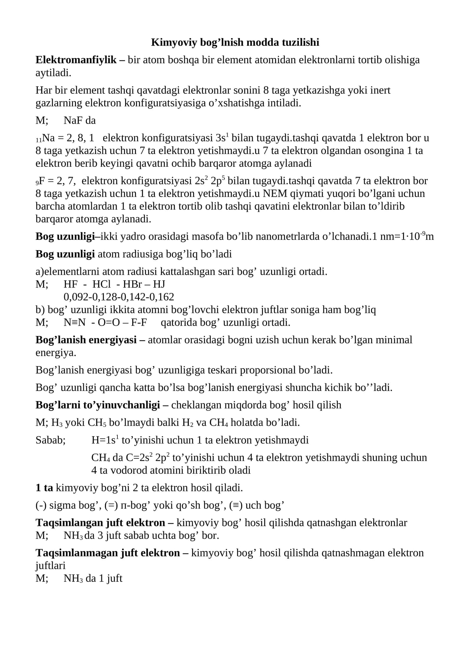 Kimyoviy bog’lnish modda tuzilishi 1