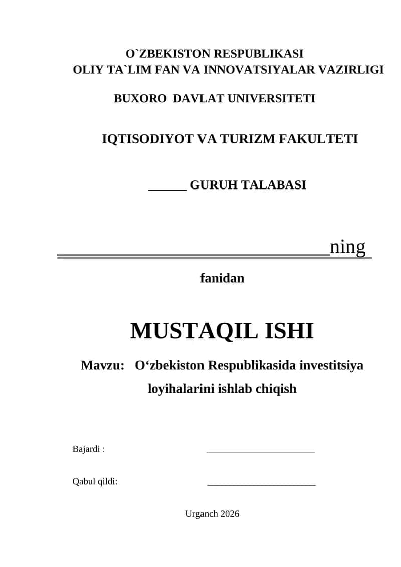 O‘zbekiston Respublikasida investitsiya loyihalarini ishlab chiqish 1