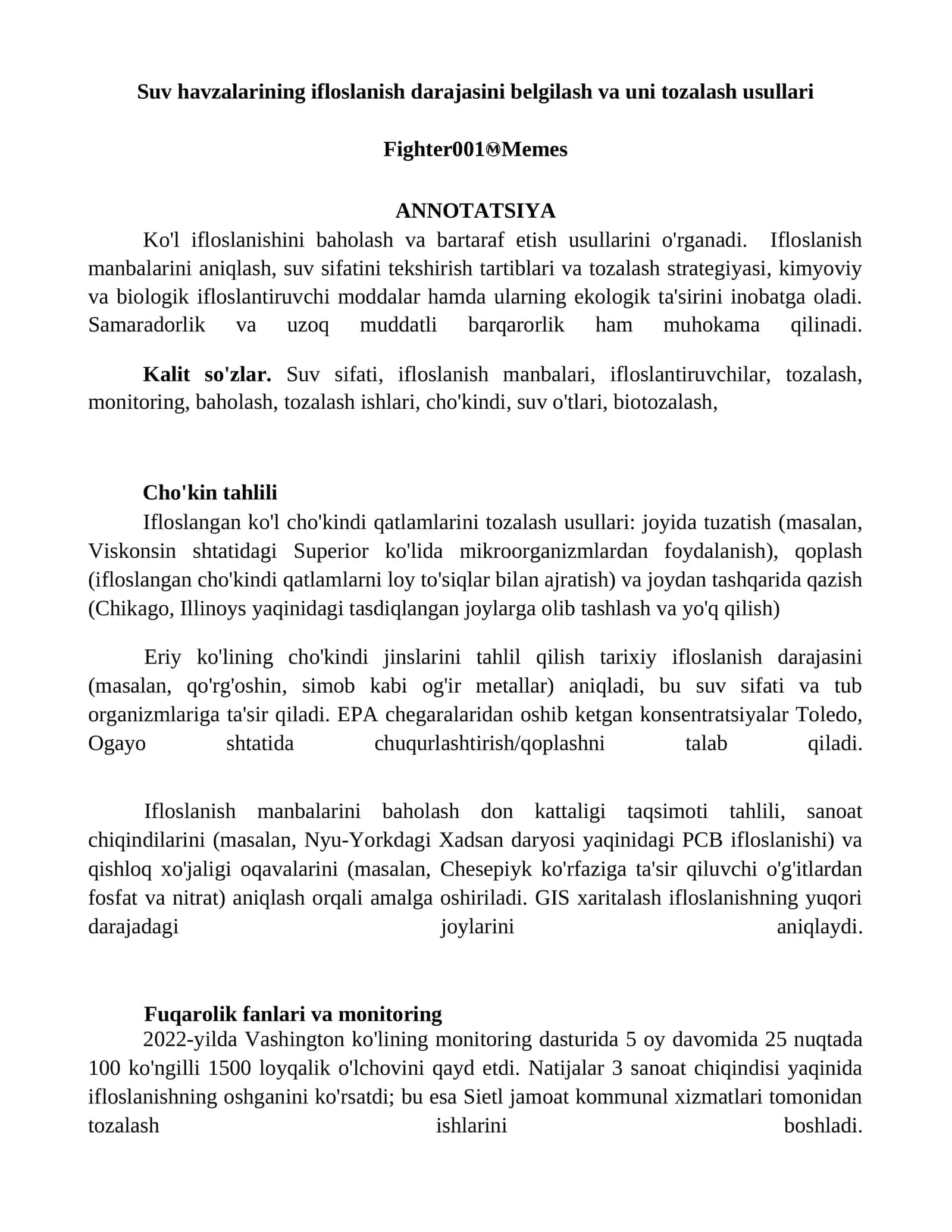 Suv havzalarining ifloslanish darajasini belgilash va uni tozalash usullari 1