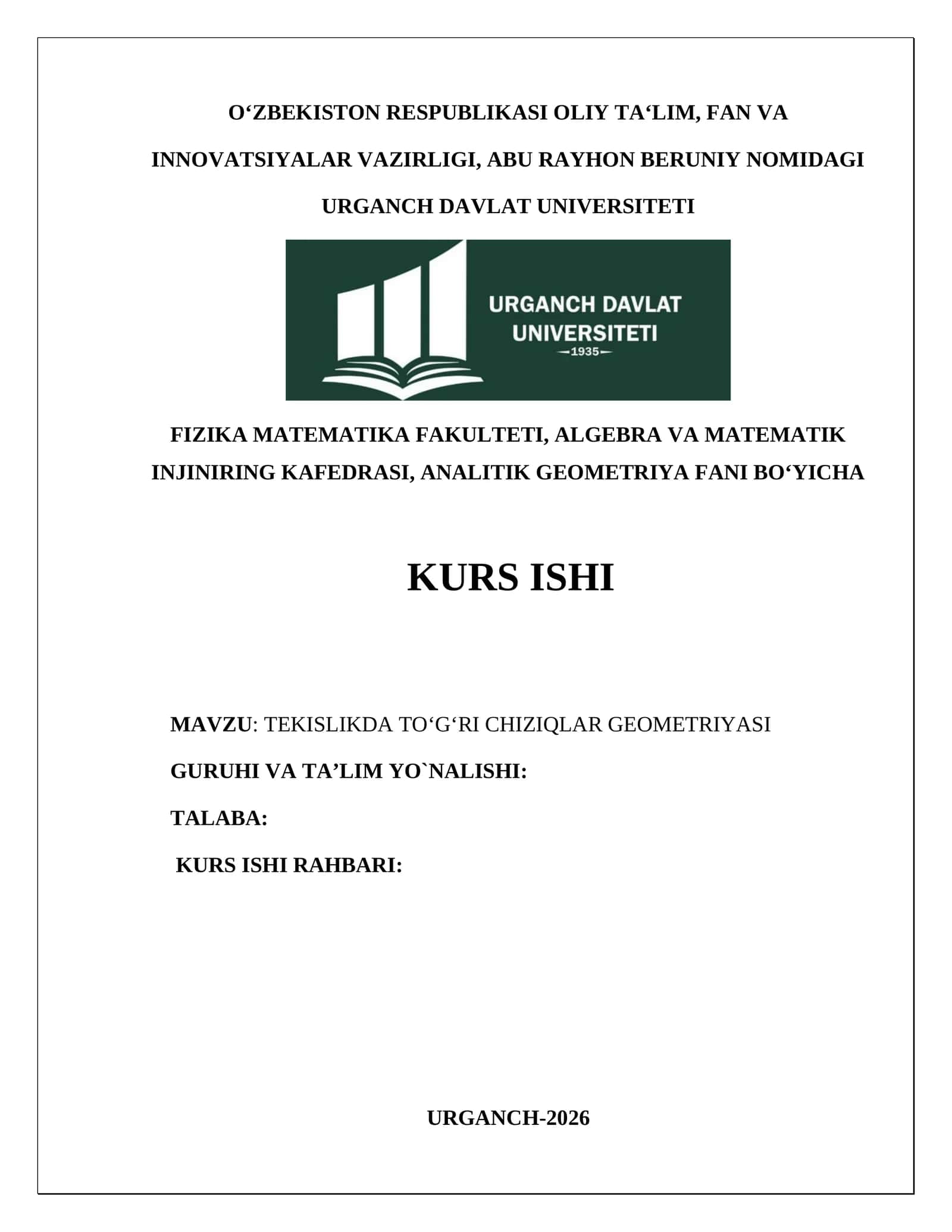 TEKISLIKDA TO‘G‘RI CHIZIQLAR GEOMETRIYASI 1