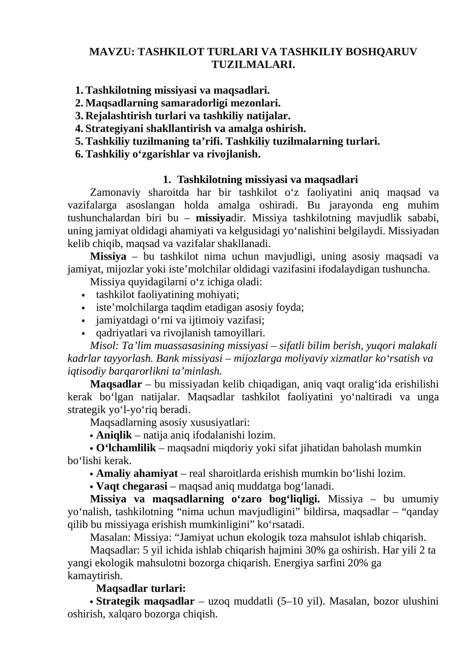 TASHKILOT TURLARI VA TASHKILIY BOSHQARUV TUZILMALARI. 1