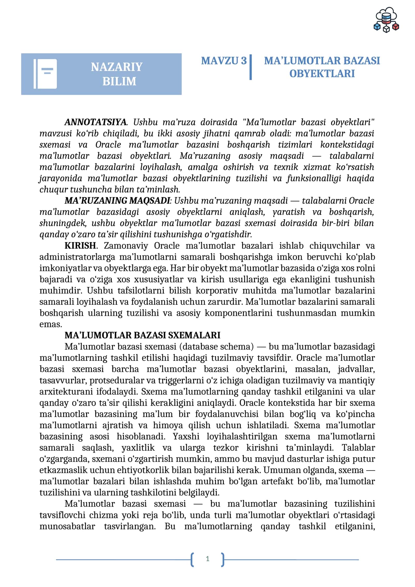 MA'LUMOTLAR BAZASI OBYEKTLARI 1