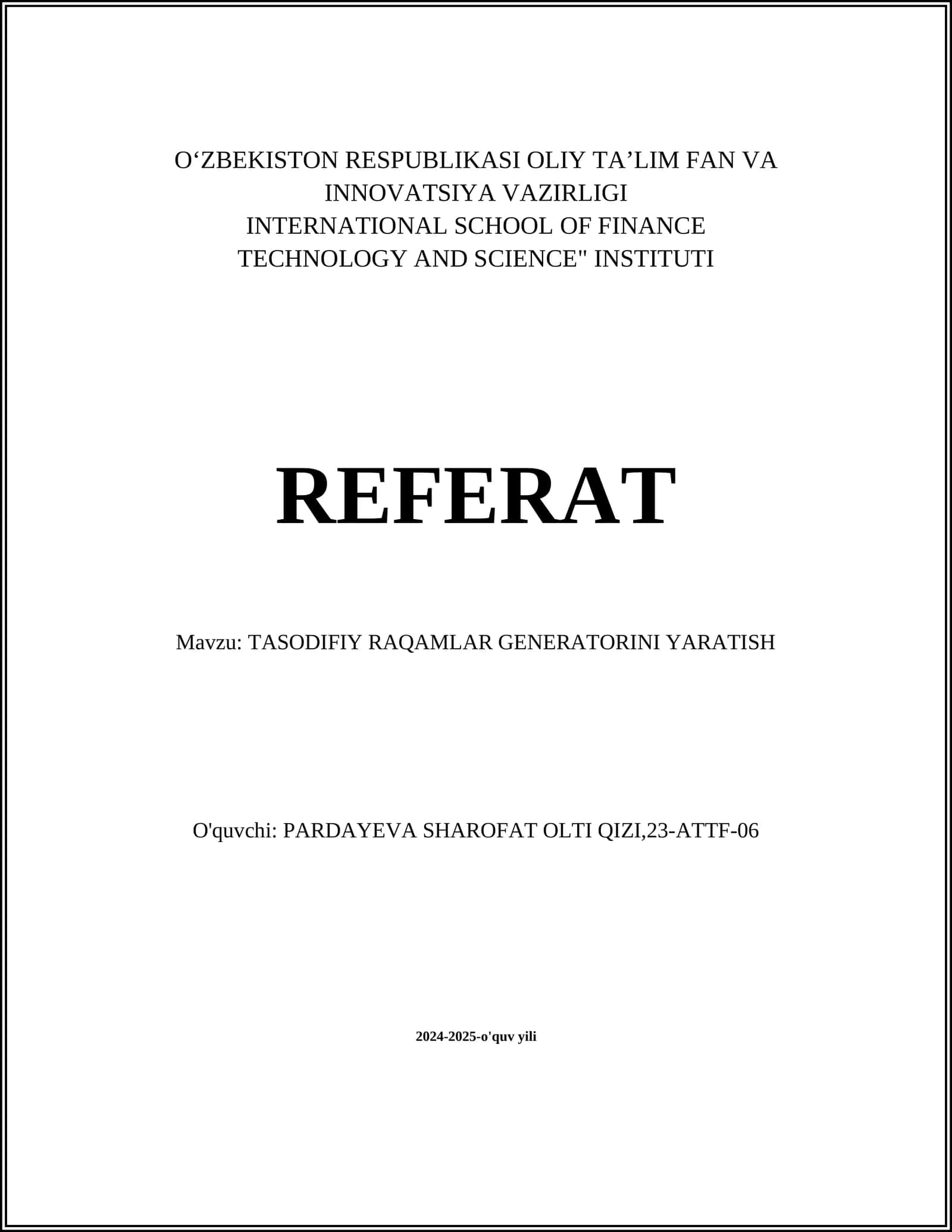 TASODIFIY RAQAMLAR GENERATORINI YARATISH 1