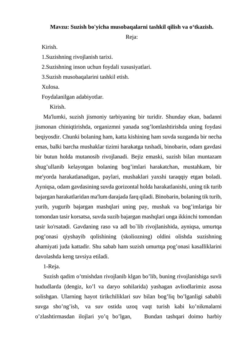 Suzish bo'yicha musobaqalarni tashkil qilish va o‘tkazish 1