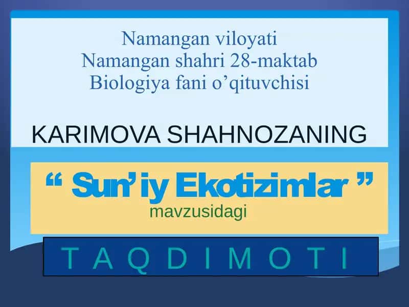 "Sun’iy Ekotizimlar" 1
