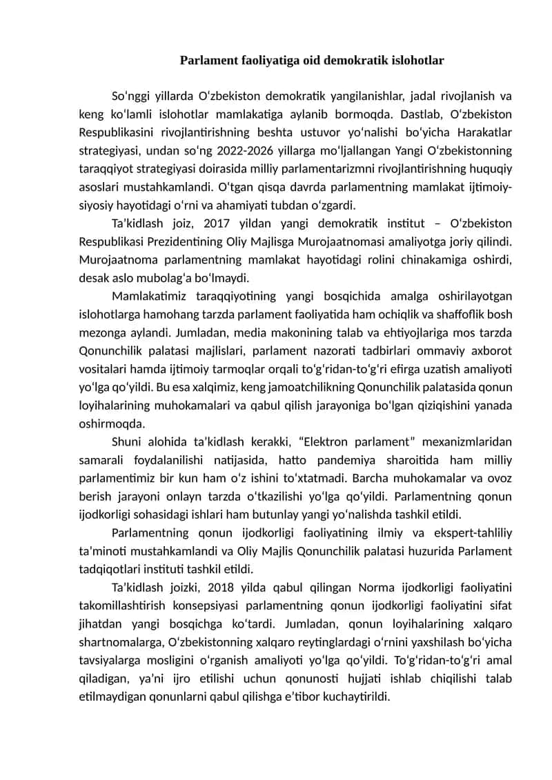O‘zbekiston Respublikasi Prezidentining Oliy Majlisga Murojaatnomasi 1