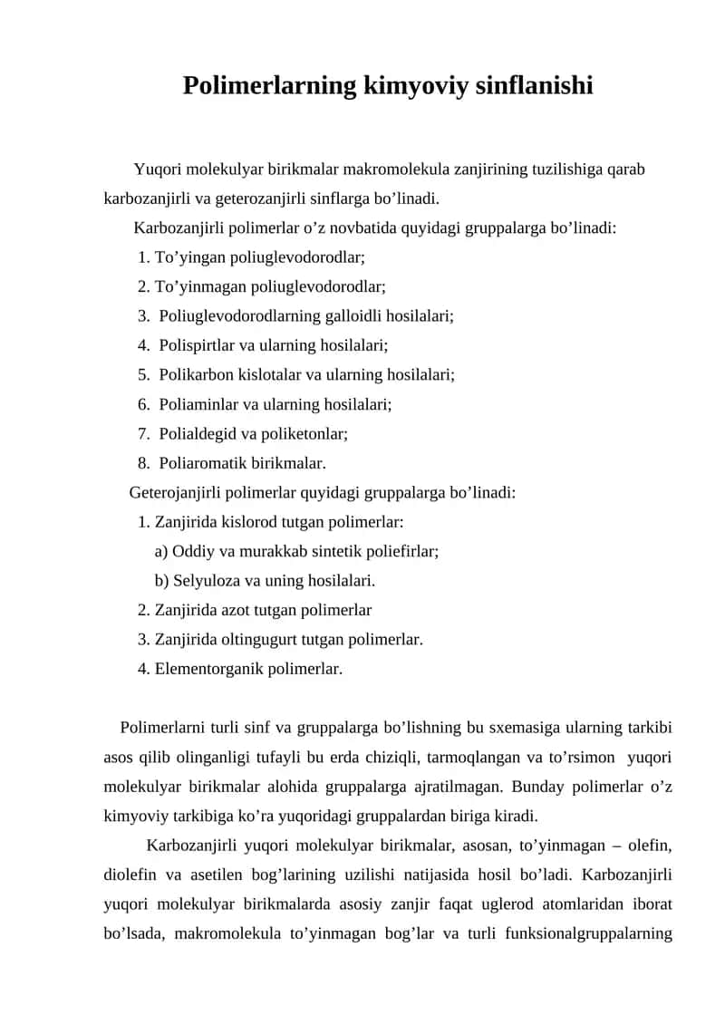 Polimerlarning kimyoviy sinflanishi 1