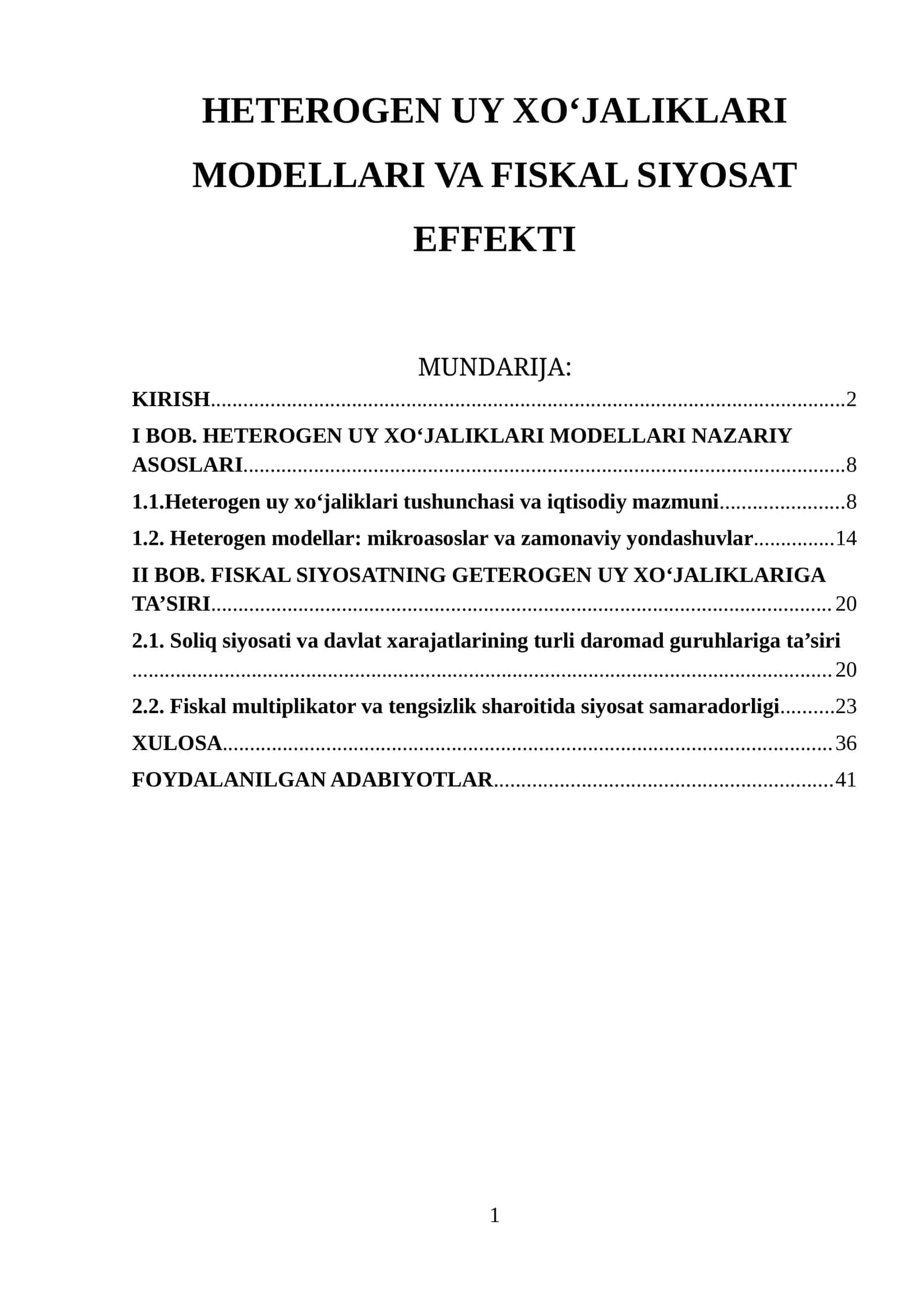 HETEROGEN UY XO‘JALIKLARI MODELLARI VA FISKAL SIYOSAT EFFEKTI 1