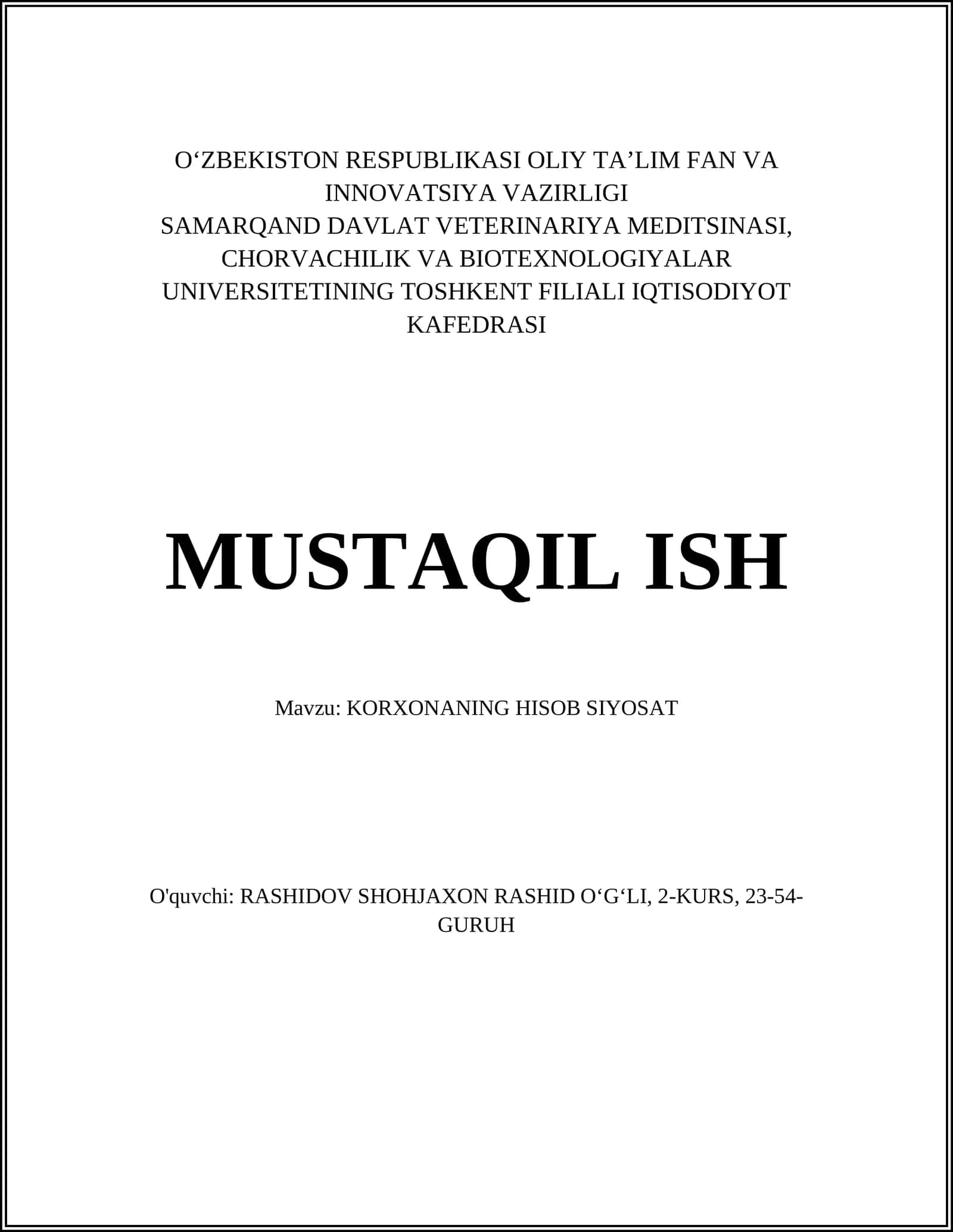 KORXONANING HISOB SIYOSAT 1