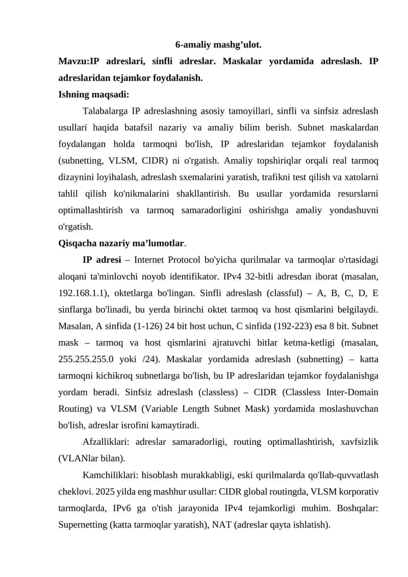 IP Adreslari va Maskalar Bilan Ishlash 1