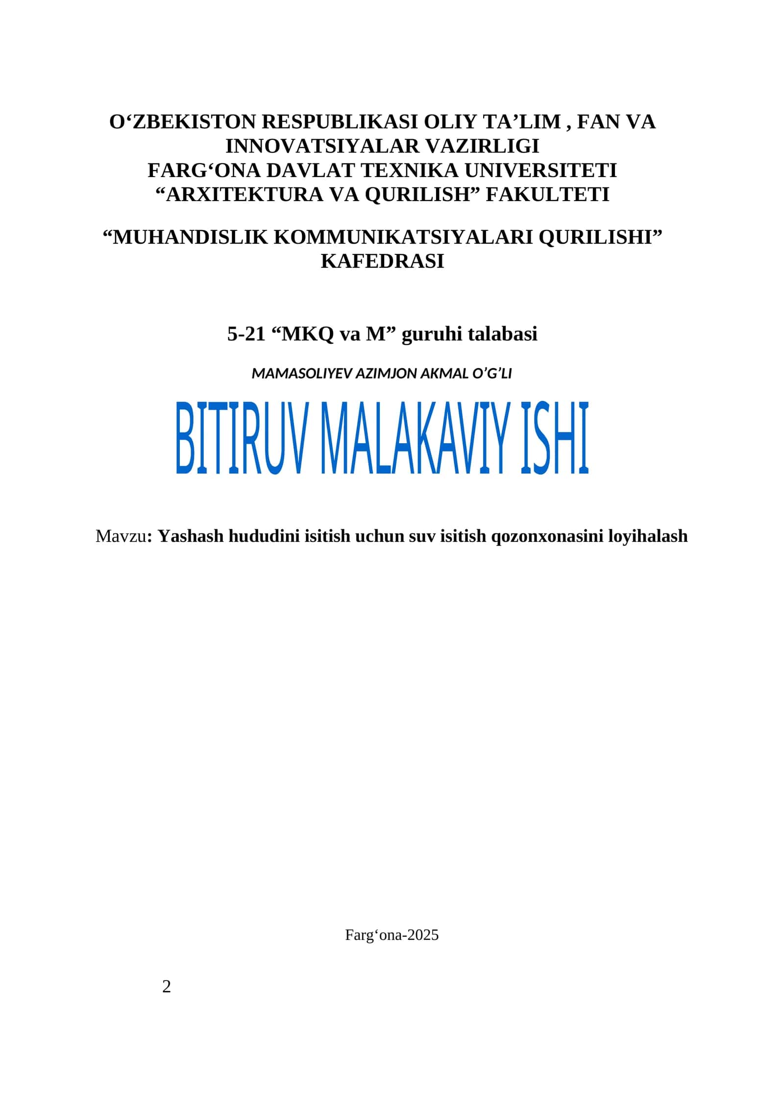 Yashash hududini isitish uchun suv isitish qozonxonasini loyihalash 1
