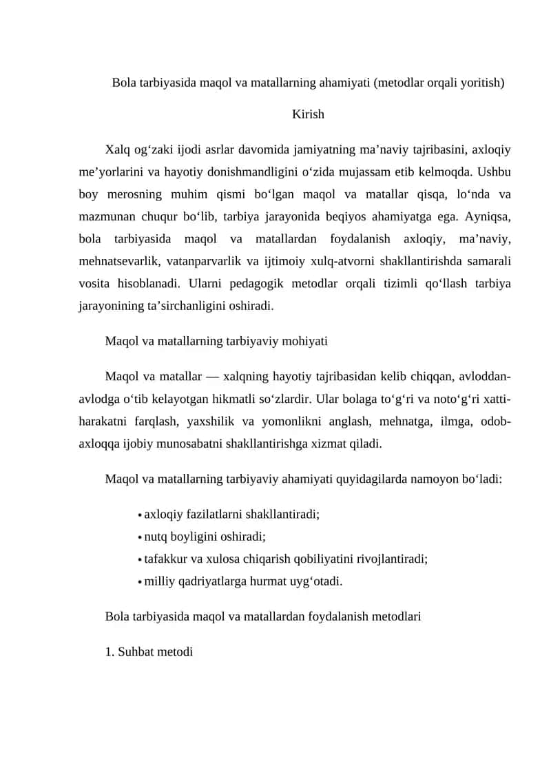 Maqol va matallarning tarbiyaviy mohiyati 1