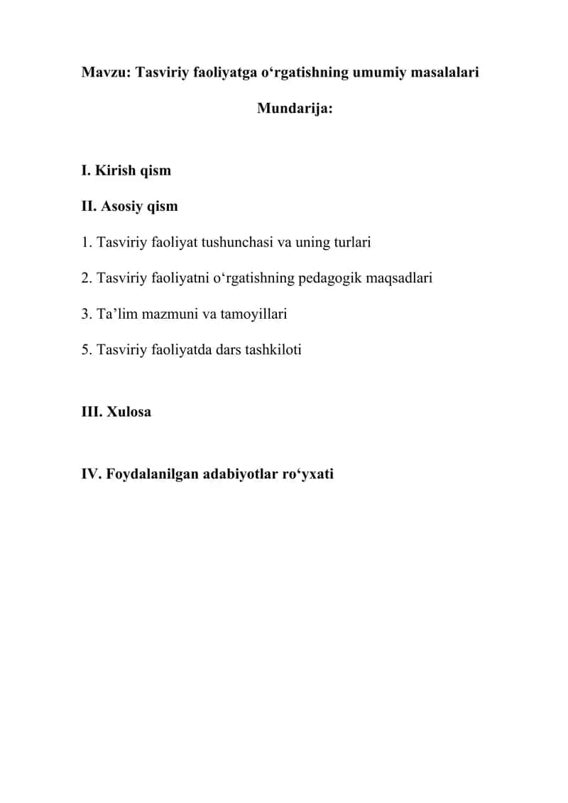 Tasviriy faoliyatga o'rgatishning umumiy masalalari 1