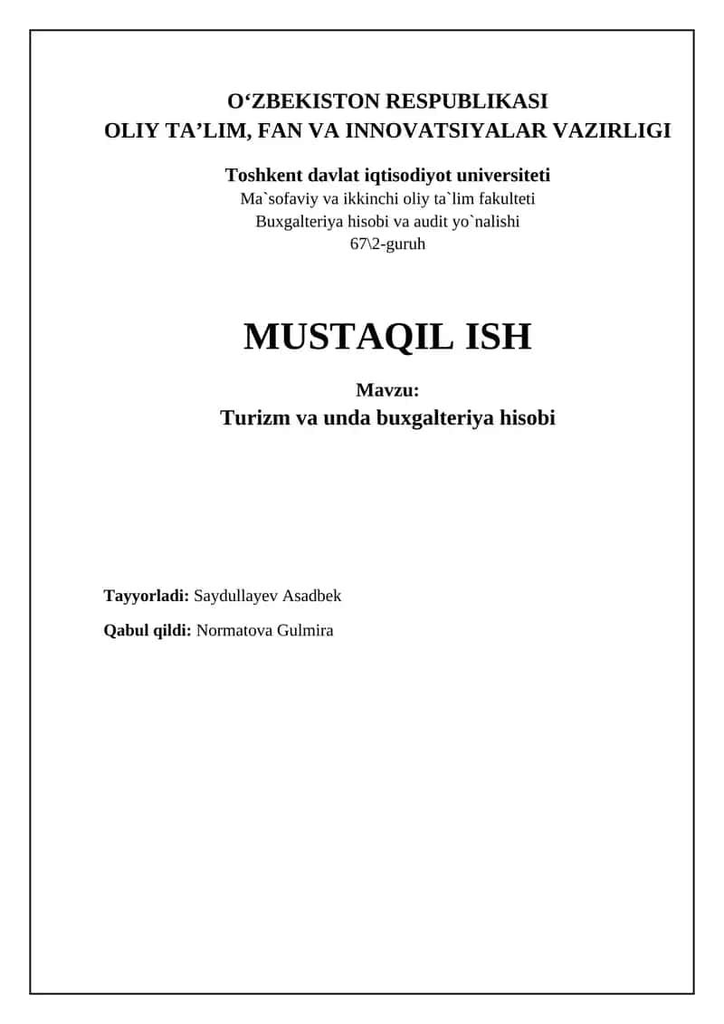 Turizm va unda buxgalteriya hisobi 1