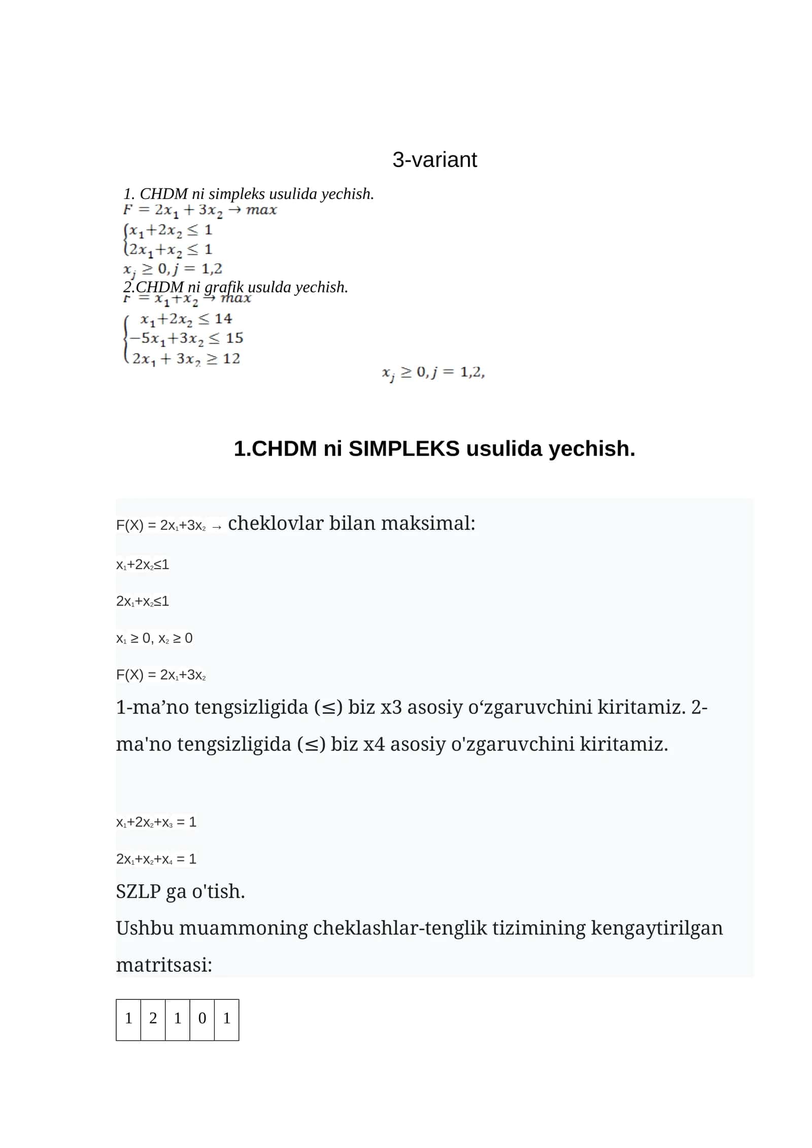 CHDM ni simpleks usulida yechish 1