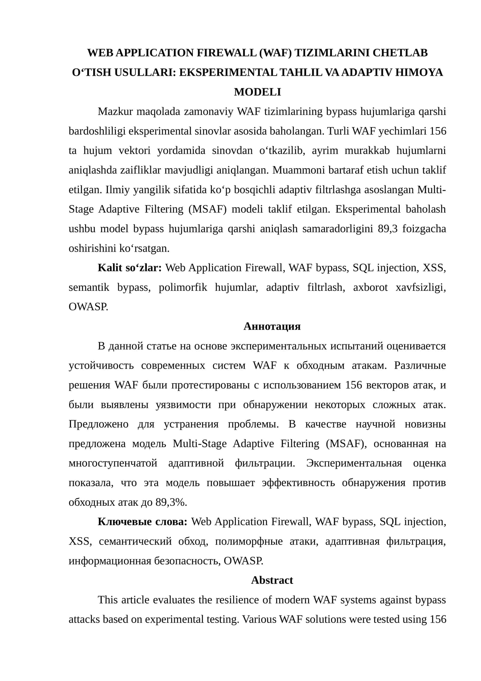WEB APPLICATION FIREWALL (WAF) TIZIMLARINI CHETLAB OʻTISH USULLARI: EKSPERIMENTAL TAHLIL VA ADAPTIV HIMOYA MODELI 1