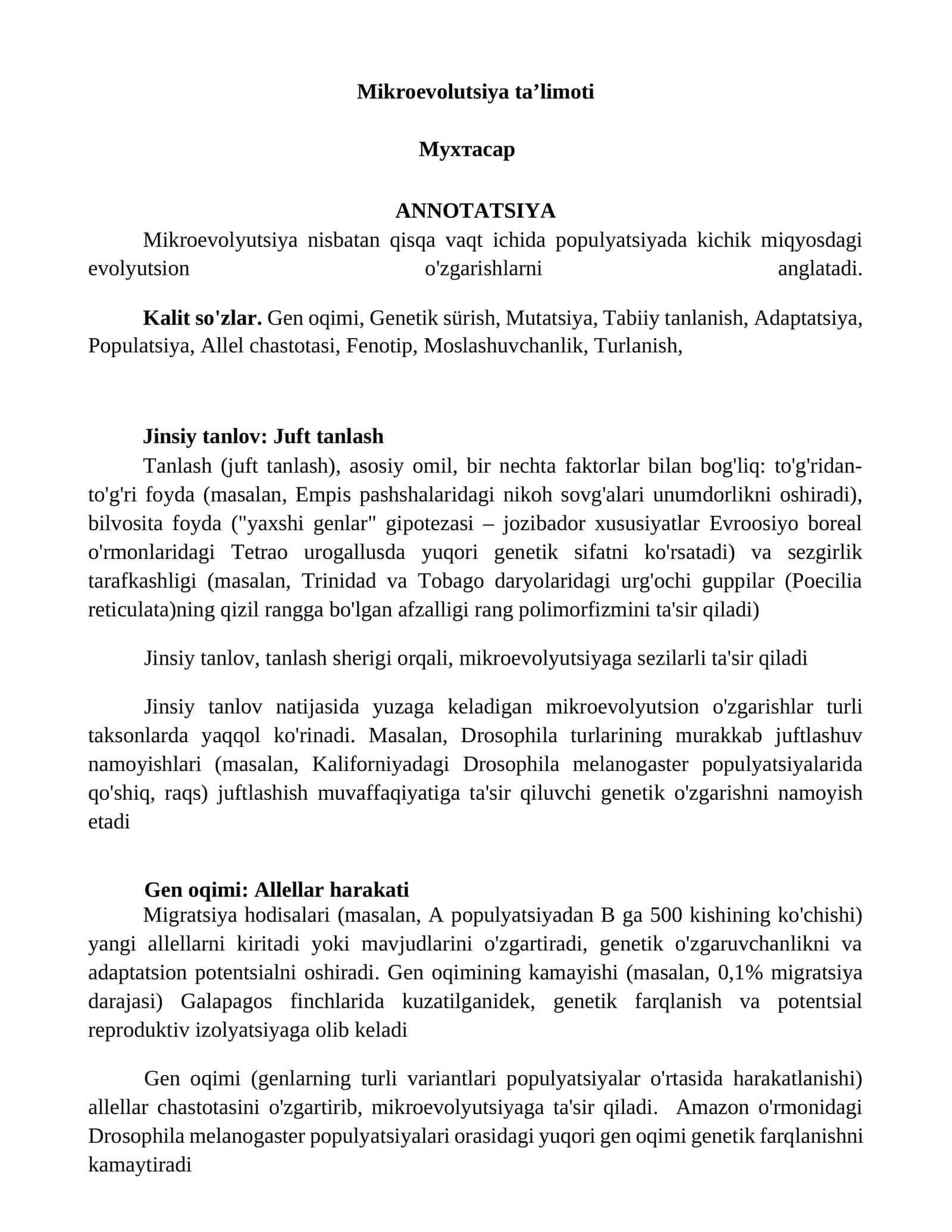 Mikroevolutsiya ta’limoti 1