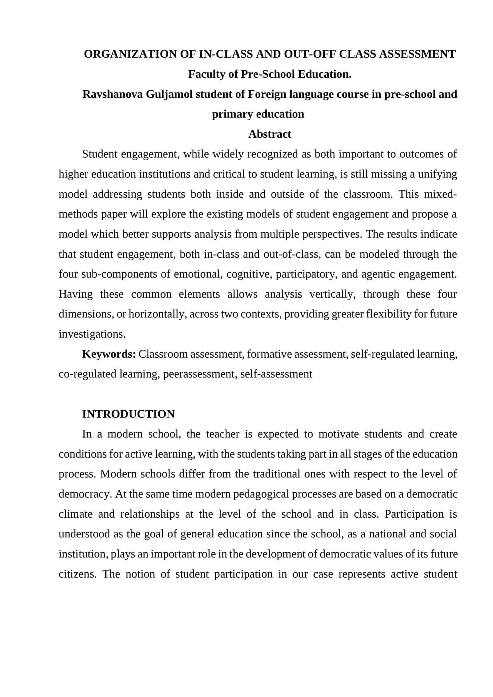 ORGANIZATION OF IN-CLASS AND OUT-OFF CLASS ASSESSMENT 1