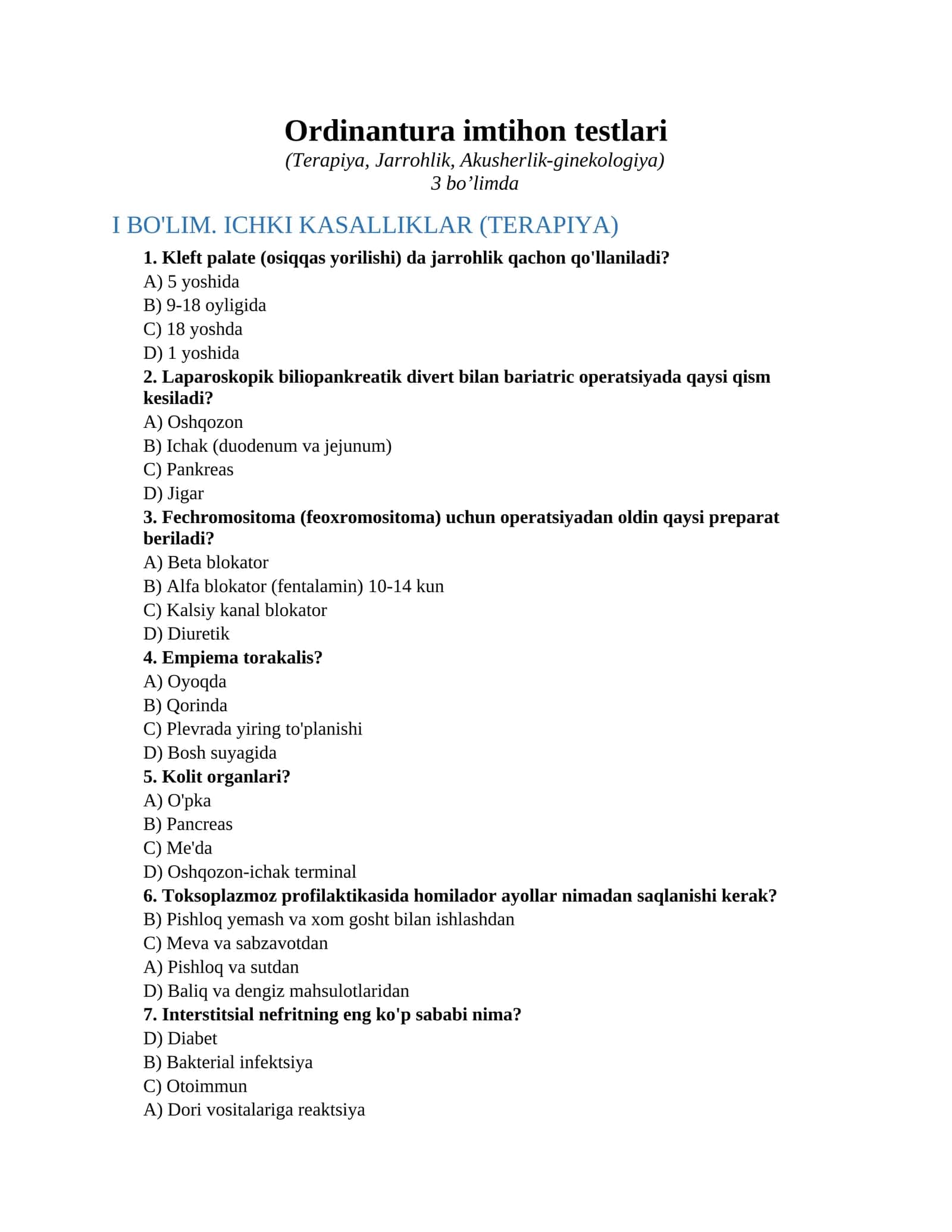 Ordinantura imtihon testlari 1