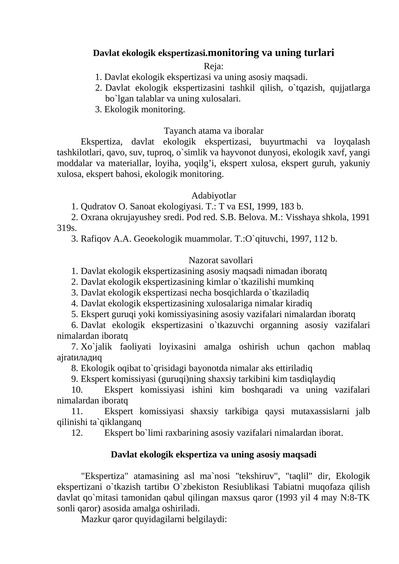 Davlat ekologik ekspertizasi.monitoring va uning turlari 1