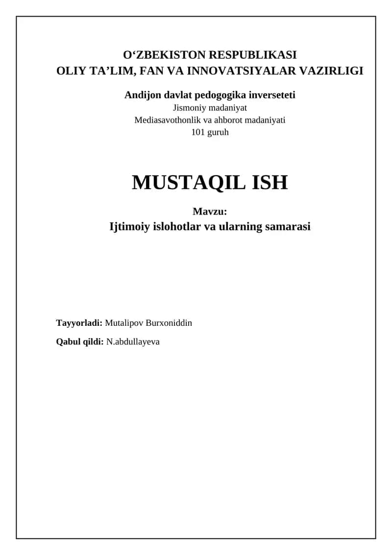 Ijtimoiy islohotlar va ularning samarasi 1