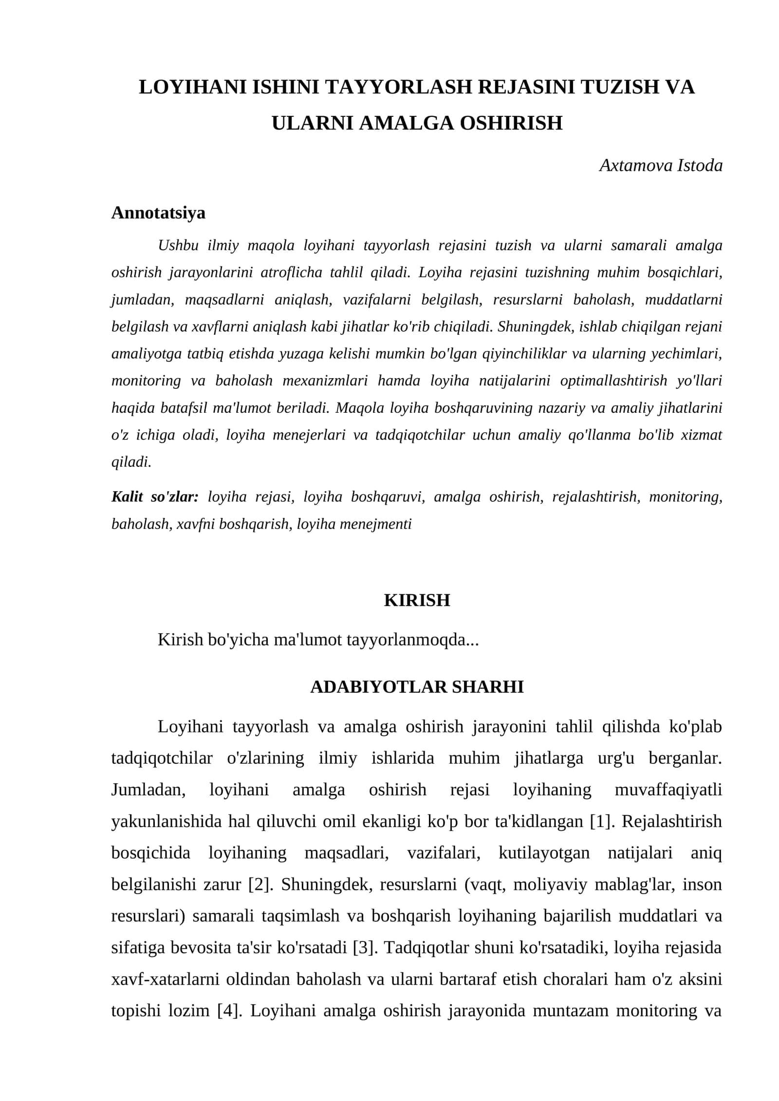 LOYIHANI ISHINI TAYYORLASH REJASINI TUZISH VA ULARNI AMALGA OSHIRISH 1