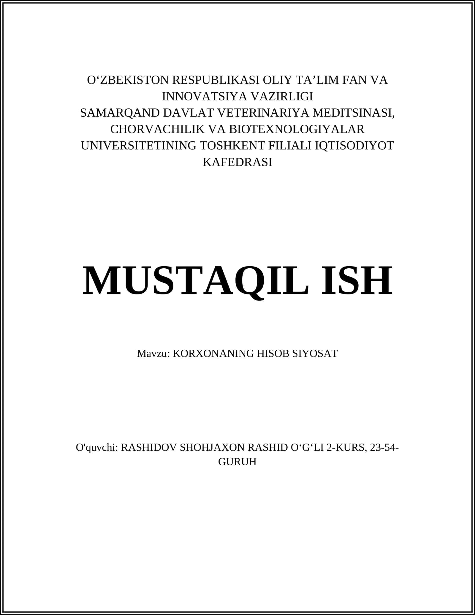 KORXONANING HISOB SIYOSAT 1
