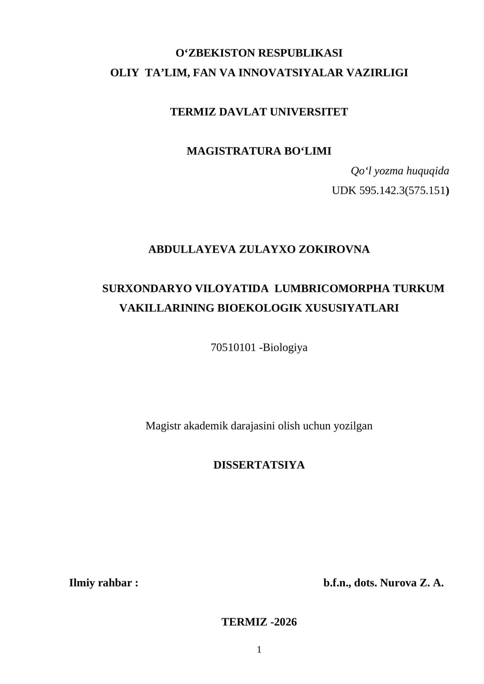 SURXONDARYO VILOYATIDA LUMBRICOMORPHA TURKUM VAKILLARINING BIOEKOLOGIK XUSUSIYATLARI 1