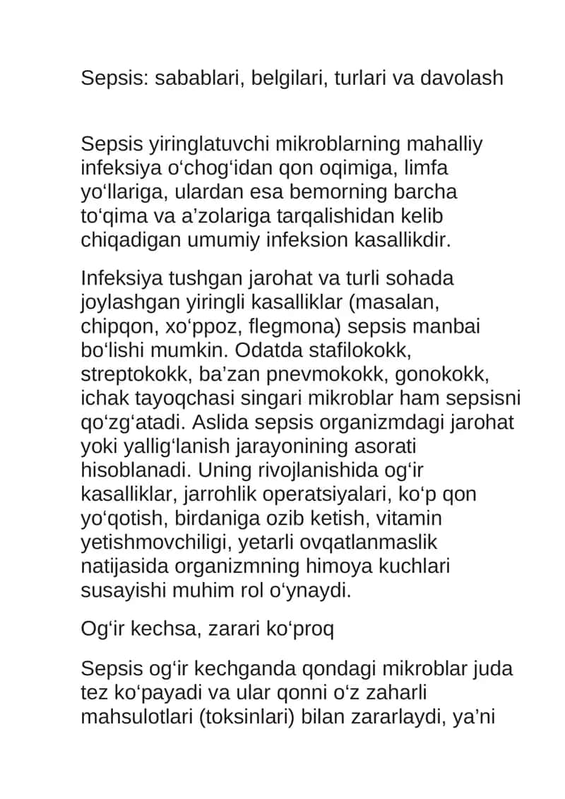 Sepsis: sabablari, belgilari, turlari va davolash 1