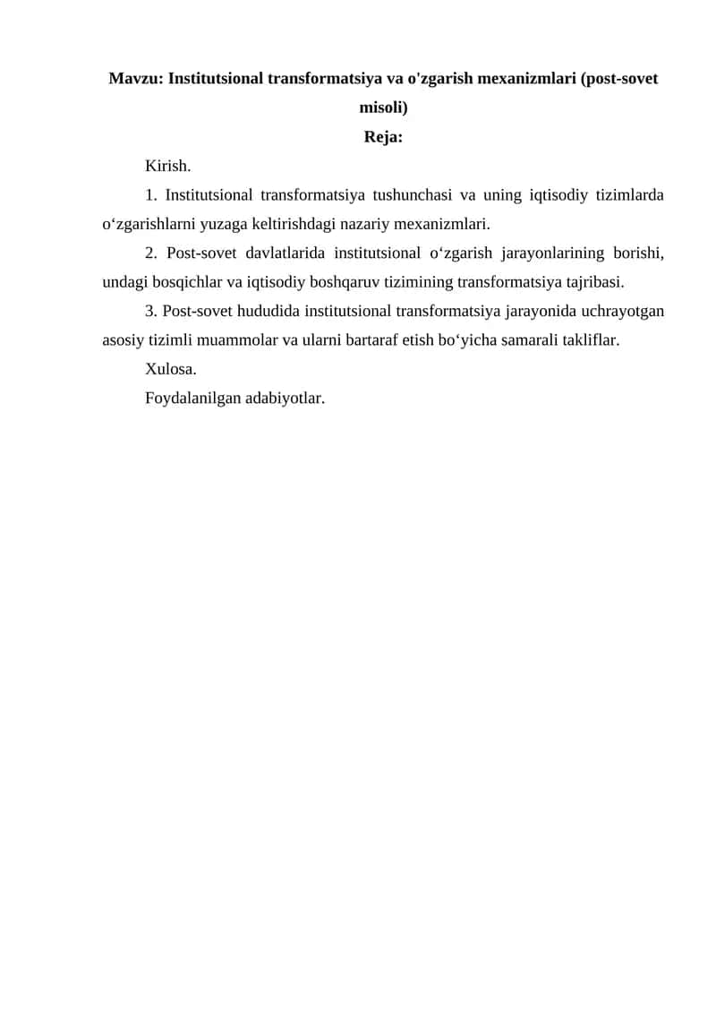 Institutsional transformatsiya va o'zgarish mexanizmlari (post-sovet misoli) 1