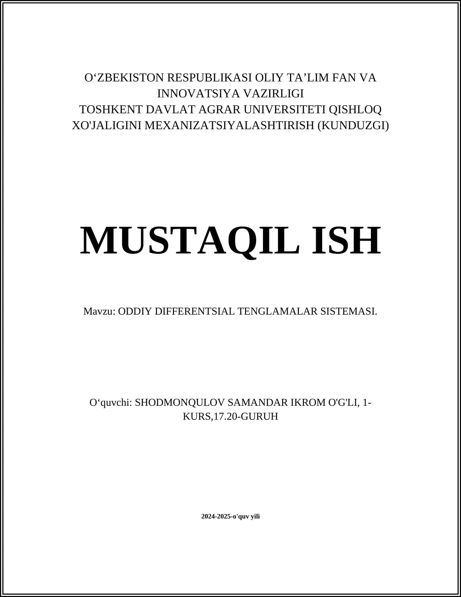 ODDIY DIFFERENTSIAL TENGLAMALAR SISTEMASI 1