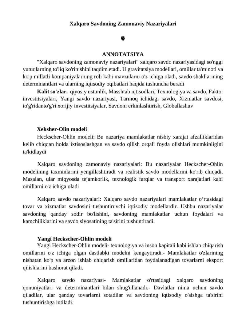 Xalqaro Savdoning Zamonaviy Nazariyalari 1