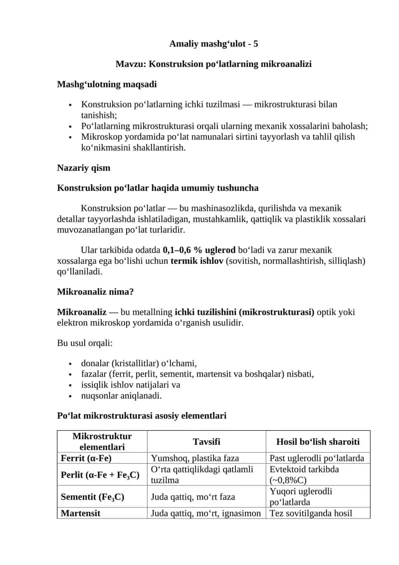 Konstruksion po‘latlarning mikroanalizi 1