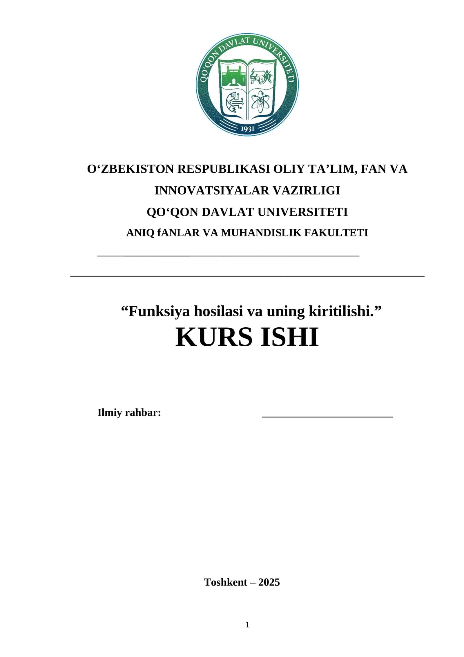 Funksiya hosilasi va uning kiritilishi. 1