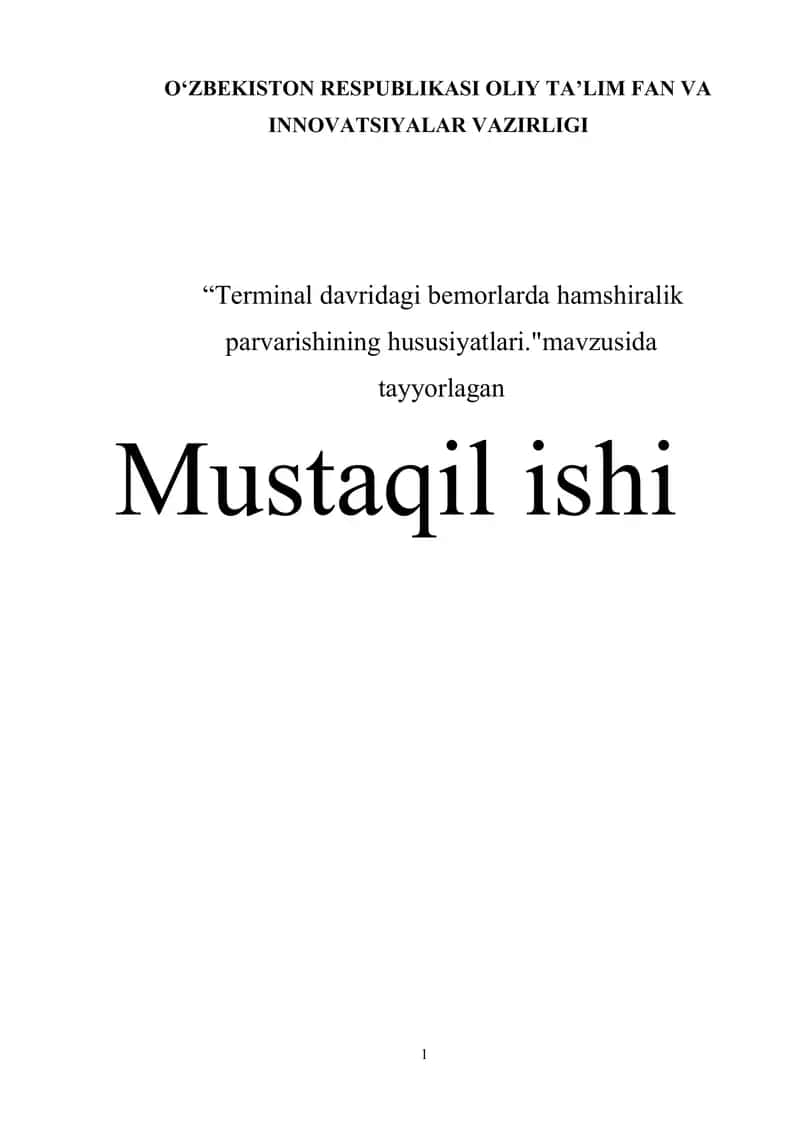 Terminal davridagi bemorlarda hamshiralik parvarishining hususiyatlari. 1