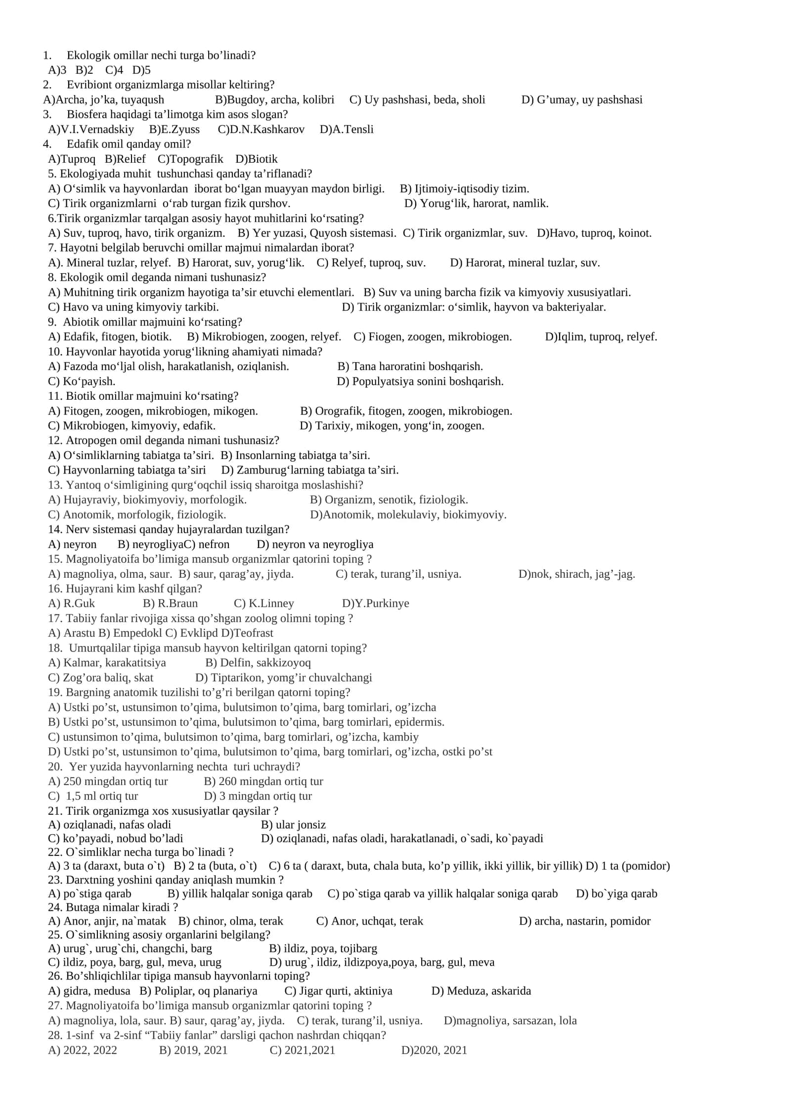 Ekologiya sinovlari va javoblari 1