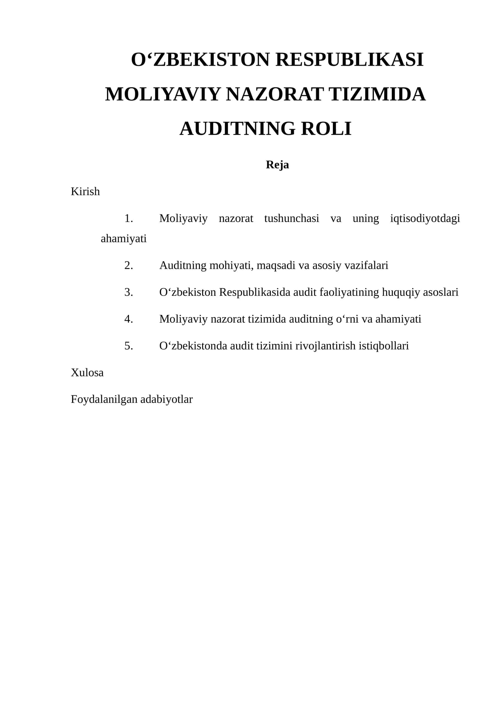 O‘ZBEKISTON RESPUBLIKASI MOLIYAVIY NAZORAT TIZIMIDA AUDITNING ROLI 1