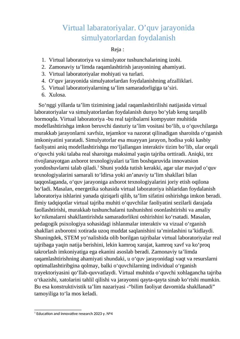 Virtual labaratoriyalar. O’quv jarayonida simulyatorlardan foydalanish 1