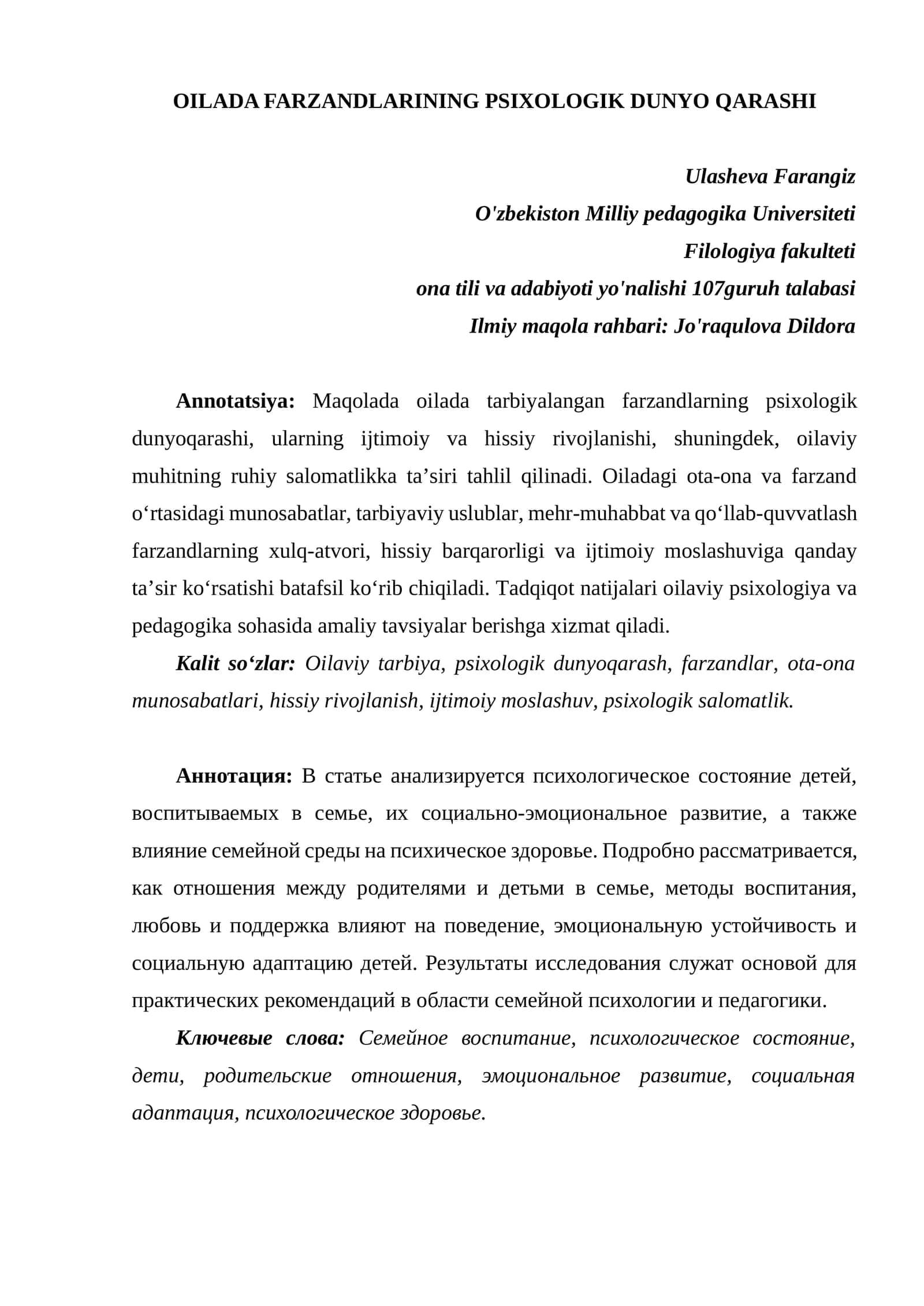 OILADA FARZANDLARINING PSIXOLOGIK DUNYO QARASHI 1
