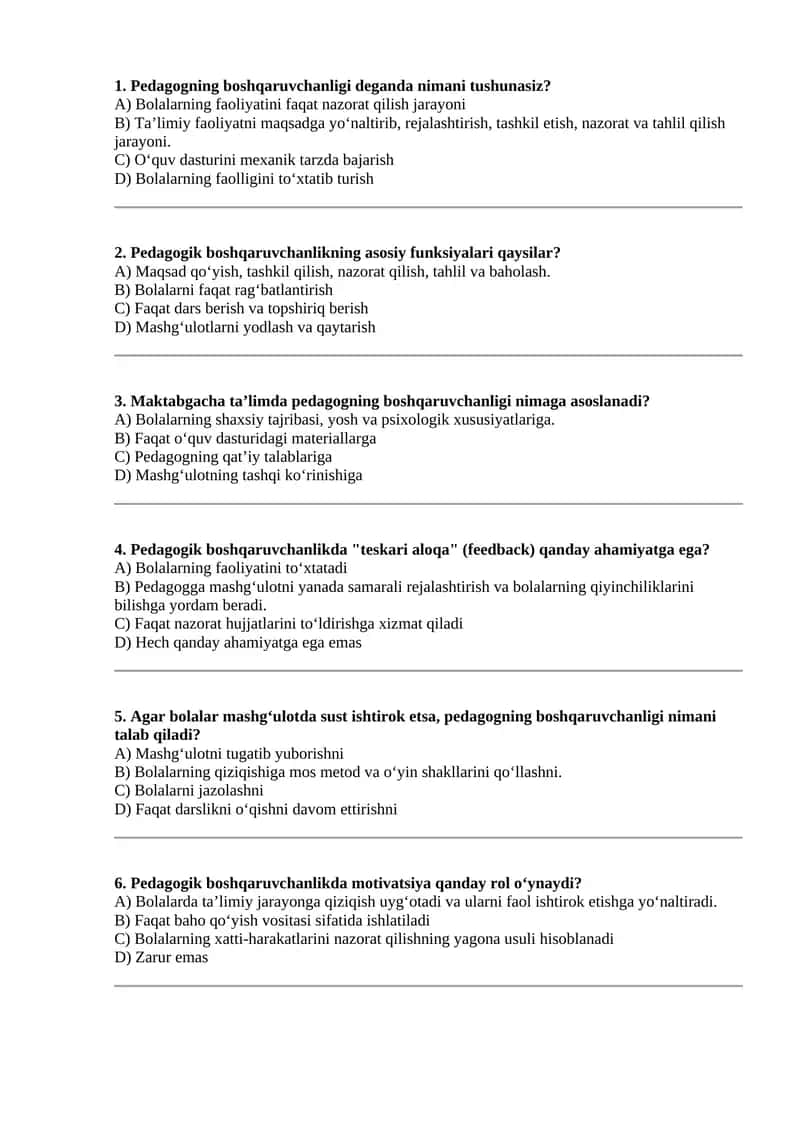 Pedagogning boshqaruvchanligi fanidan test 1