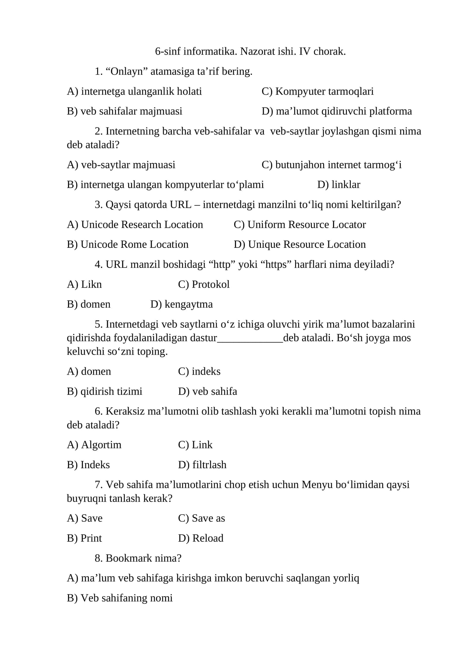 6-sinf informatika 4-chorak nazorat ishi 1