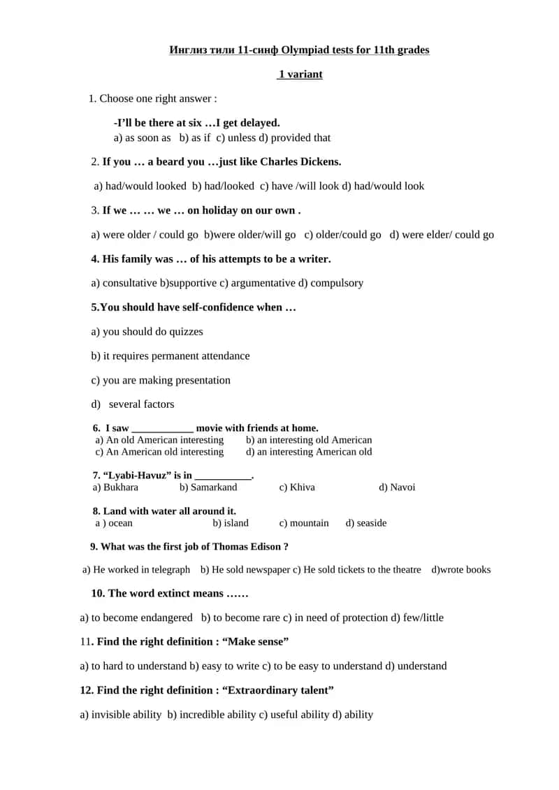 Ingliz tili 11-sinf Olympiad tests for 11th grades 1