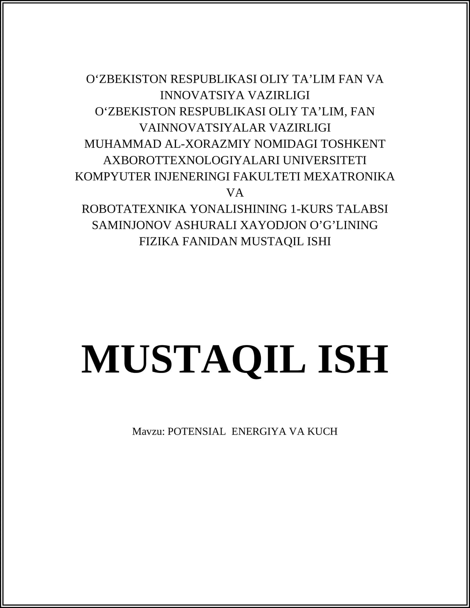 FIZIKA FANIDAN MUSTAQIL ISHI 1