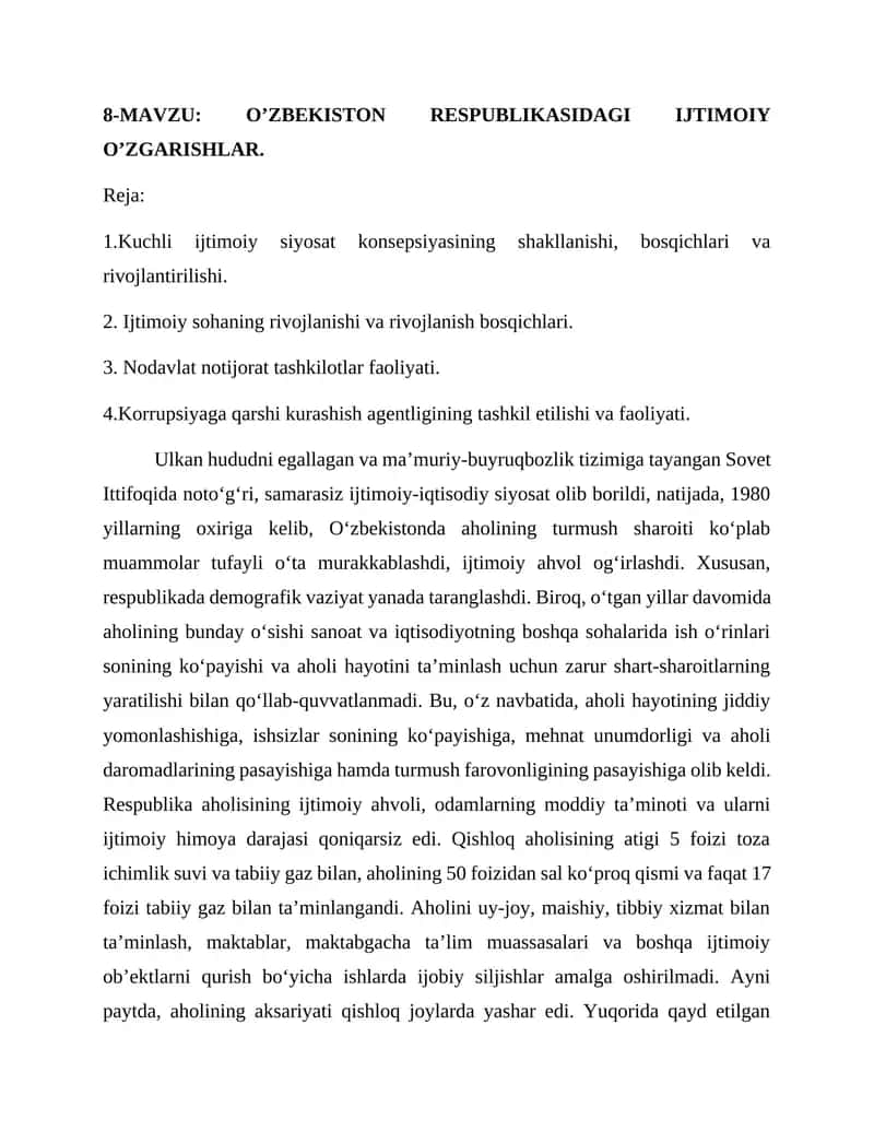 O’ZBEKISTON RESPUBLIKASIDAGI IJTIMOIY O’ZGARISHLAR 1