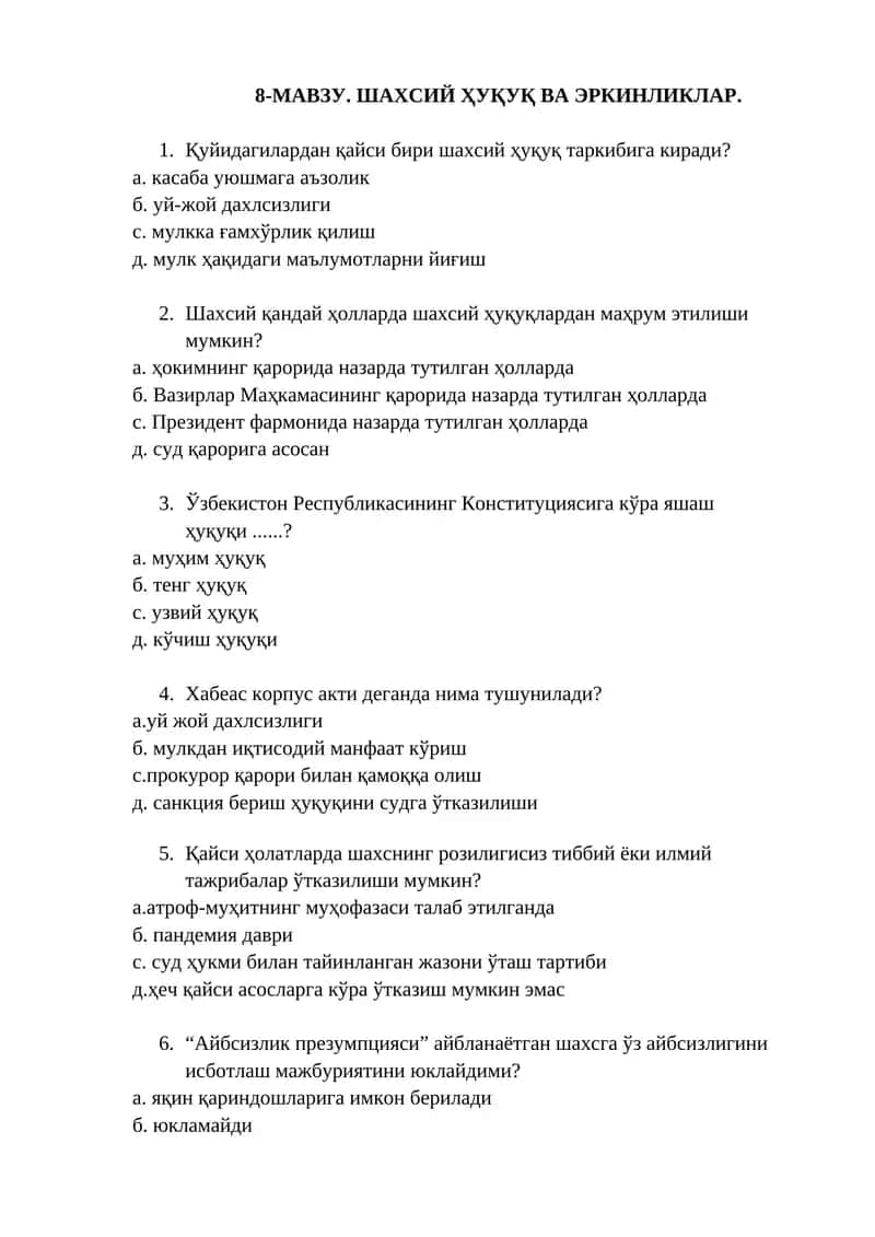 Шахсий Ҳуқуқ ва Эркинликлар 1