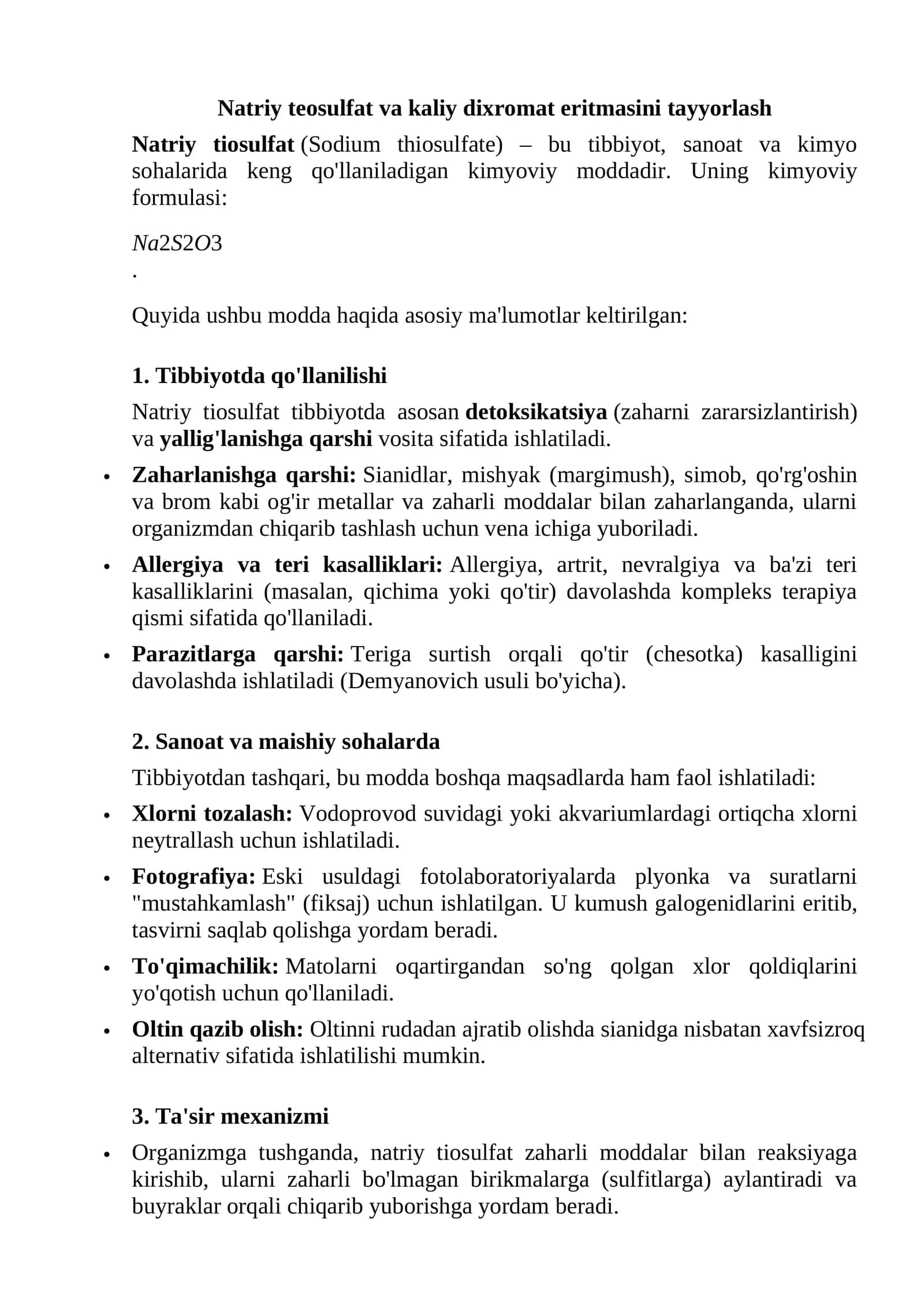 Natriy teosulfat va kaliy dixromat eritmasini tayyorlash 1